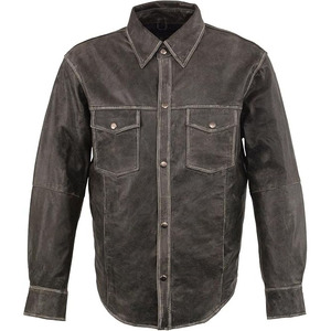 SAMROZ SPORTS Men's '<b>Button</b> Down' Distressed Grey Lightweight Casual Biker Leather Shirt - Product Image 2