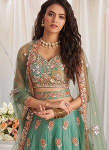 <b>Green</b> Fandy SILK Lehenga Choli Set Zari Sequin Floral Embroidered Evening Dress <b>Net</b> Dupatta for Wedding Party - Product Image 2