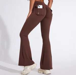 High Waist <b>Flared</b> <b>Leggings</b> Full Length Solid Blue Knitted Stretch Fabric With Pockets All Seasons Women's Style - Product Image 2