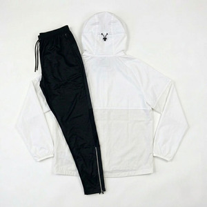Men's Contrast White <b>Black</b> 2-Piece Eco-Friendly Streetwear Hooded Windbreaker Jacket Track <b>Pants</b> Set Lightweight Athletic - Product Image 2