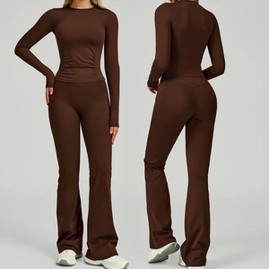 Conjuntos de Yoga sin Costuras para Mujer, Leggings de Cintura Alta con Corte Acampanado, Manga Larga, Traje Deportivo Sólido con Elasticidad en Cuatro Direcciones - Product Image 2