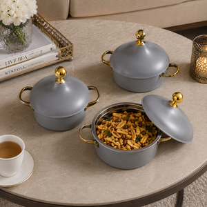 Juego de Cazuelas de Acero Inoxidable Aisladas de Lujo en Gris con Asas Doradas, Aptas para Alimentos, Ollas para Servir, Utensilios de Cocina Premium, Regalo - Product Image 5