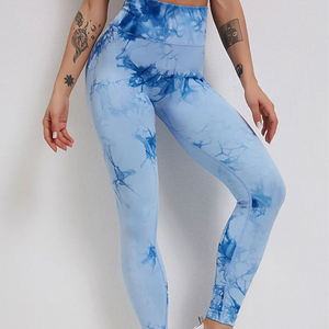 Women's Blue <b>Tie</b> Dye Yoga Set High Waist Leggings Crisscross <b>Back</b> Sports Bra Full Length Activewear Sublimation Print - Product Image 6