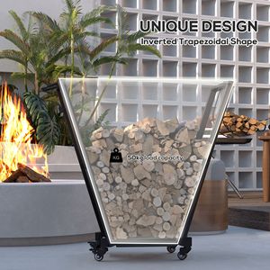 Black Metal Firewood Rack with Wheels 31.1\" X 11.8\" X 31.9\" Indoor/Outdoor <b>Log</b> <b>Holder</b> with Kindling Tool Hooks Women's Coats - Product Image 4