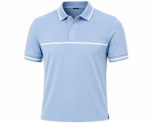 T-shirt pour homme en jersey tricoté respirant bleu clair à manches courtes, avec logo frontal, couleur unie, design décontracté, bordure blanche, ODM - Product Image 1