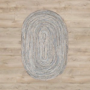 Tapis ovale en jute tressé, rayé bleu-gris, style côtier, réversible, à poils plats, pour salon - Product Image 2