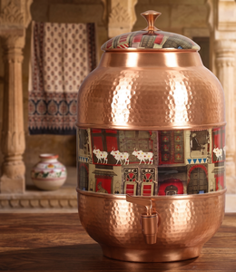 Distributeur d'eau en cuivre artisanal de luxe avec art Meenakari |   Réservoir d'eau décoratif en cuivre martelé avec robinet pour la maison - Product Image 6