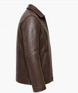 Veste en cuir marron gaufré pour homme Champ King avec doublure en satin vert, col montant et fermeture éclair - Product Image 3