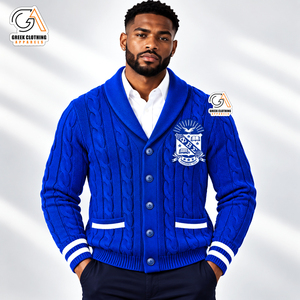 เสื้อผ้ากรีก เสื้อคาร์ดิแกนถักลายสีน้ำเงินรอยัลสำหรับผู้ชาย ยี่ห้อ Phi Beta Sigma ปักลายตราสัญลักษณ์ด้านหน้า เสื้อกันหนาวสำหรับฤดูหนาว ผลิตจากโพลีเอสเตอร์ 100% - Product Image 1