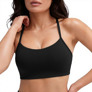 ROLEIN Women's Green Seamless Yoga Sports Bra Crew <b>Neck</b> <b>Light</b> Support Solid Color 100% Nylon Breathable Crisscross Straps Lace - Product Image 4