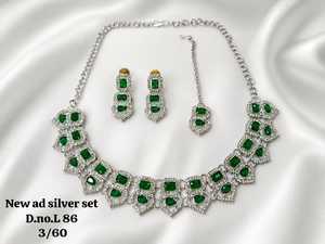 Luxury Silver Emerald Green <b>Statement</b> <b>Necklace</b> Set with Earrings and Maang Tikka Wedding Party Fashion Jewelry Set - Product Image 1