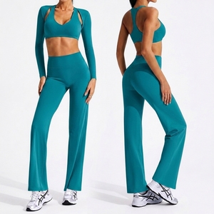 Sportswear Wholesale Slim Fit Crew Neck Backless High Waist 3-Piece <b>Yoga</b> Set Solid Custom Logo High Stretch Sweat-wicking - Product Image 2