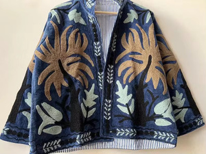 Cotton Velvet Suzani Embroidery Floral Pattern <b>Bomber</b> <b>Jacket</b> Handmade Bohemian <b>Vintage</b> Reversible Short Autumn Winter - Product Image 1