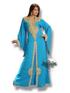 Kaftan de soirée long en mousseline pour femme, col montant, manches longues, uni, avec broderie de sequins et appliqués, style modeste, simple et élégant - Product Image 4