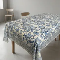 Nappe rectangulaire en coton imprimé floral bleu classique, lavable, décoration d'intérieur
