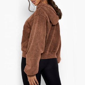 High Quality Women's <b>Brown</b> Cropped Hoodie Drop-Shoulder Oversized Knitted Cotton Blend Front Letter Print Autumn Wear - Product Image 2