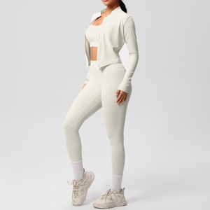 Ensemble de yoga 3 pièces côtelé sans couture pour femme, personnalisé OEM, vêtements de sport, leggings taille haute, soutien-gorge de sport, veste zippée - Product Image 2