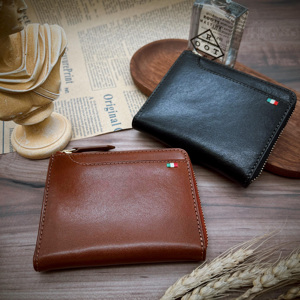 [Low MOQ] Castello Italian Vegetable Tanned Leather Minimalist Unisex L-Shape YKK Zipper Card <b>Wallet</b> Flag Embroidery Black Brown - Product Image 6