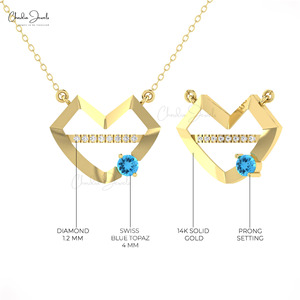 Collier en topaze bleue suisse naturelle taille brillant 0,24 carats avec barre de diamants G-H sertie pavé en or véritable 14 carats, cadeau pour la Journée de la Femme - Product Image 5