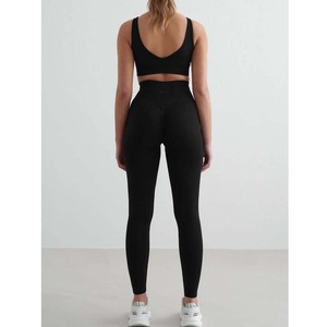 Women's Seamless 2 Piece Yoga Set High Waist Full Length <b>Leggings</b> With V Neck Racerback Crop Top In Solid <b>Black</b> Color - Product Image 6