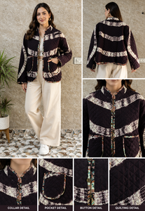 เสื้อแจ็คเก็ตผ้าควิลท์ลายมัดย้อมขายส่งสำหรับผู้หญิง เสื้อโค้ทบุผ้าฝ้ายสำหรับฤดูหนาว คอจีน เสื้อคลุมกันหนาวอุ่นๆ แต่งลายปะแบบอินเดีย มีกระเป๋าปะ - Product Image 6