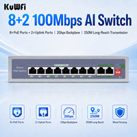 Switch PoE KuWFi con Función IA, 8+2 Puertos Uplink, Alcance de 250 Metros, 2Gbps, VLAN Extendido, Watchdog, 10 Puertos 100Mbps para Cámaras CCTV