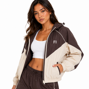 Women's Custom Logo Windbreaker Crop Top Sets Casual Two-Piece Sets Summer Wear with Hooded Collar and Long Tops men's <b>jackets</b> - Product Image 5