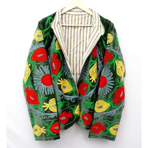 Green Velvet Embroidered Floral Pattern Reversible Eco-Friendly Unisex Bohemian Jacket Three Quarter Sleeve <b>Button</b> Closure All - Product Image 2