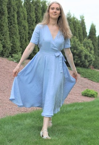 Nouvelle arrivée, robe en coton bleu mi-longue, robe de demoiselle d'honneur pastel, robe de mariage, robe formelle bleu clair, été, pour femmes - Product Image 4