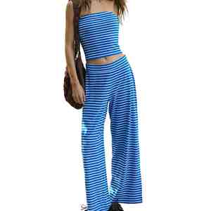 Ensemble coordonné rayé pour femme, best-seller, haute qualité, haut tube et pantalon large, coupe décontractée, 100% coton. - Product Image 1