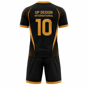 ชุดเสื้อฟุตบอลสีดำทองระบายอากาศได้ดี ชุดฟุตบอลแบบซับลิเมชั่น ชุดกีฬาทีมชายหญิง เสื้อ กางเกงขาสั้น ปรับแต่งได้ - Product Image 1