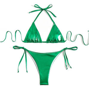 Women's Metallic Green Triangle <b>Bikini</b> Set Tie Side Bottom Halter <b>String</b> Swimwear Stretch Two Piece Bathing Suit - Product Image 5