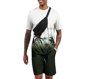 Ensemble T-shirt et short imprimés pour homme, col rond, tenue décontractée d'été, impression par transfert par sublimation, respirant, tricoté, 100% coton satiné - Product Image 2