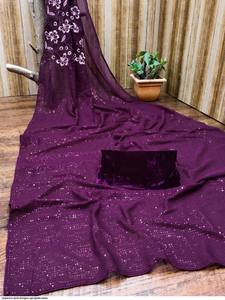 Conjunto de Saree de Viscosa Borgoña con Bordado Floral, Dupatta de Tela y Blusa sin Mangas, Estilo Bollywood para Fiestas, para Mujer - Product Image 6