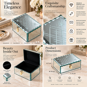 Aqua <b>Mirrored</b> Glass <b>Jewelry</b> Box with Etched Design Beveled Edges Secure Lock Soft Velvet Lining Decorative Keepsake Organizer - Product Image 6