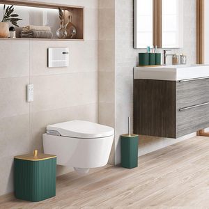 Set di Accessori per <span class=keywords><strong>Bagno</strong></span>: Dispenser Sapone da Appoggio, Porta Spazzolini e Bastoncini di Cotone, Vassoio e Barattoli Decorativi Stile Farmacia - Product Image 3