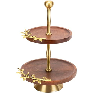 2-Tier Natural Acacia Wood Cake Stand With Gold Brass Leaf Handle Elegant Dessert Display Serving Tray For Weddings Parties - Product Image 6