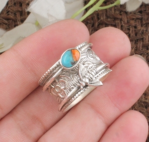 Anillo de Plata de Ley 925 con Turquesa Natural de Ostra y Bisel de Abeja Shree Jaipur, Hecho a Mano, Clásico, para Mujer - Product Image 5