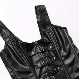 Corsé de cuero negro para mujer con cierre de cremallera y hebilla, diseño moldeador firme para uso diario - Product Image 4