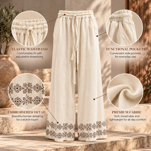 Women’s Cream Embroidered Wide Leg Palazzo Pants | High Waist Elastic Drawstring <b>Trousers</b> With Pockets Lightweight Boho Casual - Product Image 5