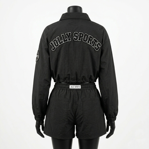 Conjunto Corto de Chaqueta Cortavientos de Nylon Taslon Premium de 130 GSM para Mujer, Color Negro Sólido, con Logotipo Bordado y Apliques Personalizados - Product Image 6