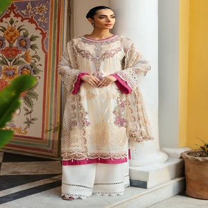 ชุดสาหรี่ผ้าชีฟองปักลายสีขาว Ramsha สำหรับผู้หญิง แบบดั้งเดิม ความยาวระดับพื้น ทรงปกติ แห้งเร็ว ยืดหยุ่นได้ เหมาะสำหรับงานแต่งงาน - Product Image 4