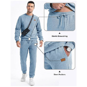 Conjunto Deportivo para Hombre en Poliéster Azul Claro, Cuello Redondo, Manga Larga, Color Sólido, Casual, Otoño, Corte Regular, Pantalones con Cordón y Bolsillos Laterales - Product Image 4