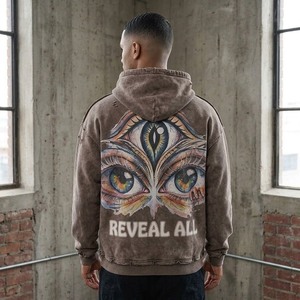 Sweat à capuche zippé pour homme avec imprimé œil personnalisé, coupe oversize, style streetwear, en coton écologique imperméable French Terry, collection automne - Product Image 2