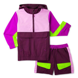 Color Blocking Hooded <b>Jacket</b> With Shorts Set Quarter Zip Sporty Style Polyester Unisex <b>Summer</b> Wear - Product Image 1