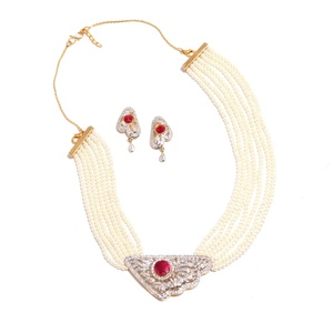 Multi Layer Ruby Choker <b>Necklace</b> Set 22K Gold Plated Brass CZ Bridal Jewelry Red White <b>Statement</b> <b>Necklace</b> Gift For Her - Product Image 2