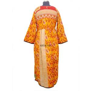 Robe tunique longue style bohème moderne pour femme, coupe trapèze, imprimé sérigraphié, 100% coton kantha, manches trois quarts, naturelle - Product Image 6