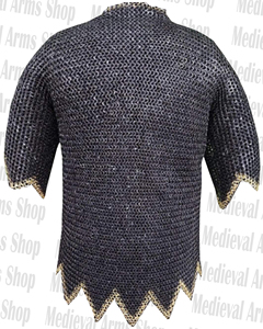 Medieval Chainmail Shirt Mild Steel with Brass 9mm Flat Riveted <b>Ring</b> Half Sleeve Zig Zag Design Handmade Costume Black Finish - Product Image 2