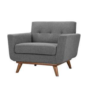 Fauteuil moderne en tissu gris avec pieds en bois, dossier capitonné, chaise de salon, design mid-century, mobilier de loisirs - Product Image 2