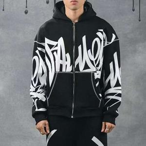 Sweat à capuche oversize noir style hip-hop, coupe carrée, fermeture éclair intégrale, streetwear, imprimé DTG DTF, personnalisé, décontracté, 100% coton - Product Image 3